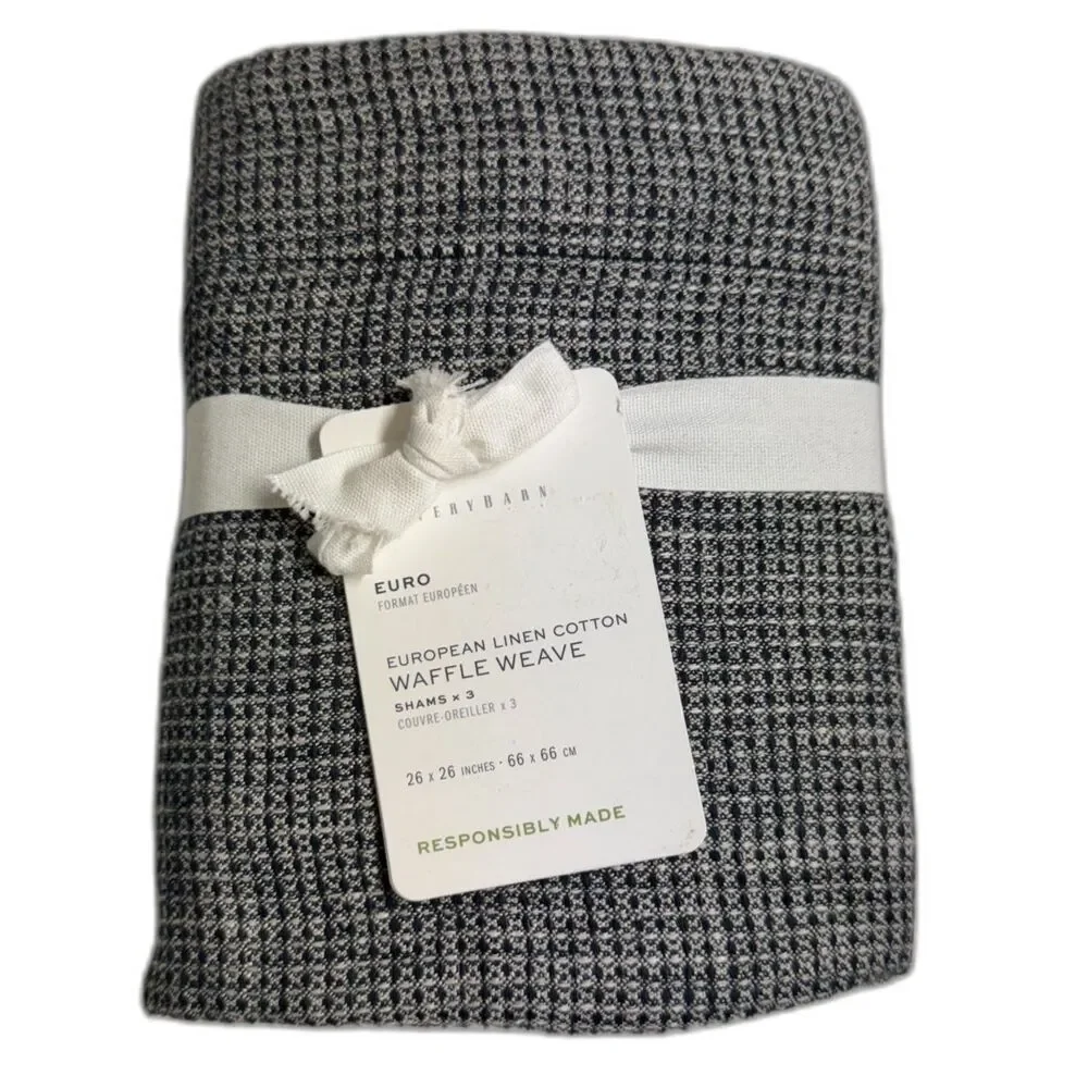 Pottery Barn European Linen Waffle Weave Euro Sham 3-Pack Set Ebony 26x26 NEW